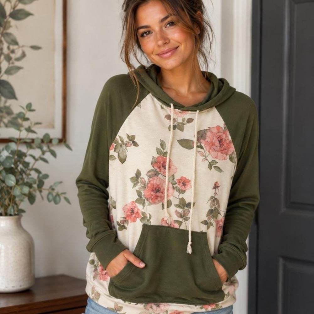 Flamingo Urban Floral Raglan Hoodie Olive Green Cream Coral Rose Boutique Top
